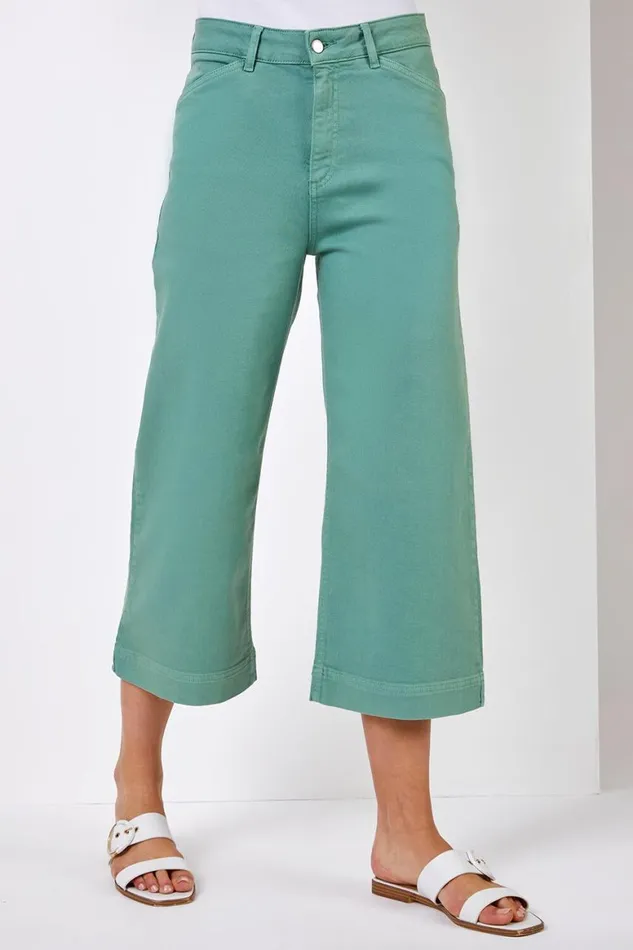 Women Sage Wide Leg Stretch Denim Cropped Culottes Roman Trousers