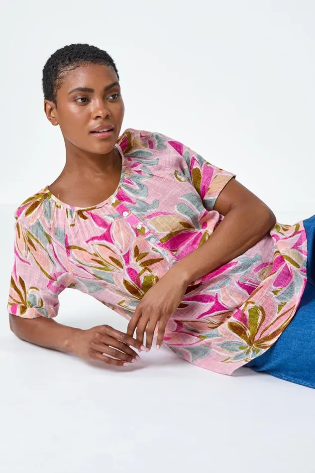 Women Salmon Floral Button Detail Top Roman Tops