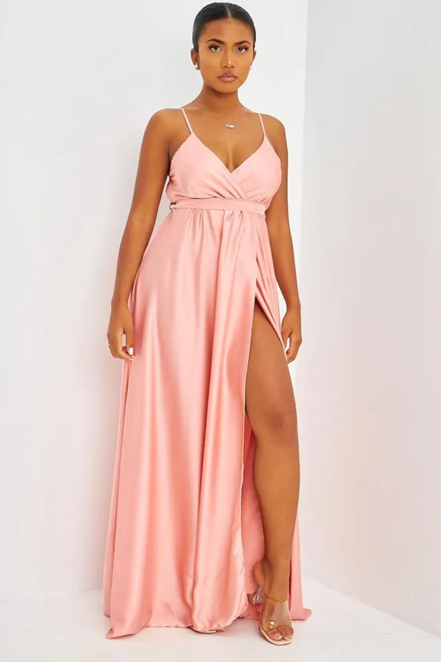 Women Satin Belted Maxi Dress With Side Split In Pink Pink Brentiny Paris Satin Dresses