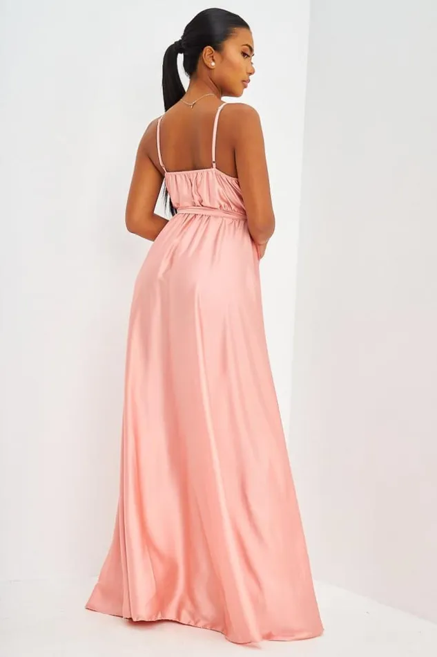 Women Satin Belted Maxi Dress With Side Split In Pink Pink Brentiny Paris Satin Dresses