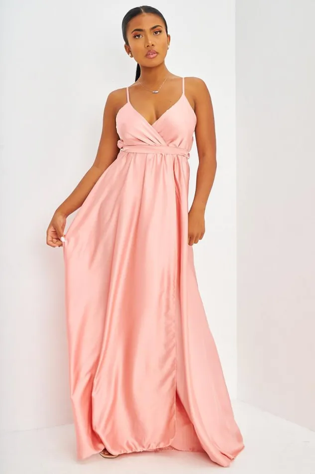 Women Satin Belted Maxi Dress With Side Split In Pink Pink Brentiny Paris Satin Dresses