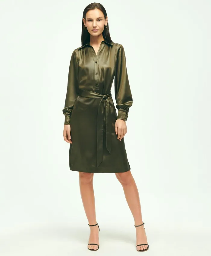 Women Satin Popover Belted Shirt Dress Olive Brooks Brothers Dresses