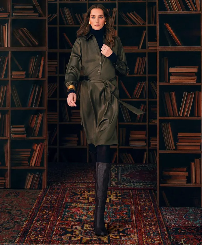 Women Satin Popover Belted Shirt Dress Olive Brooks Brothers Dresses