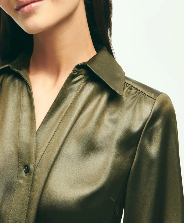 Women Satin Popover Belted Shirt Dress Olive Brooks Brothers Dresses