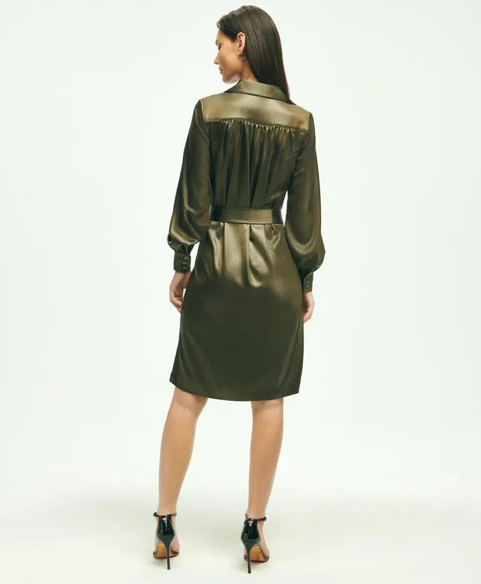 Women Satin Popover Belted Shirt Dress Olive Brooks Brothers Dresses