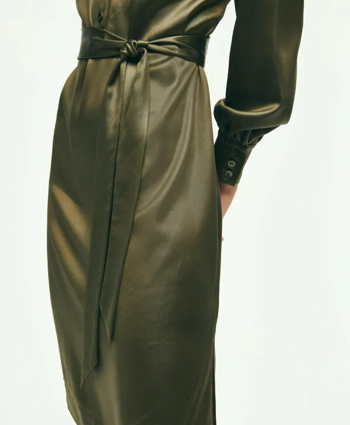 Women Satin Popover Belted Shirt Dress Olive Brooks Brothers Dresses