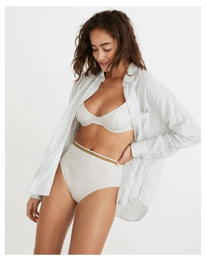 Women Second Wave Stripe Trim Ribbed High Cut Bikini Bottom Pearl Ivory Madewell Swim
