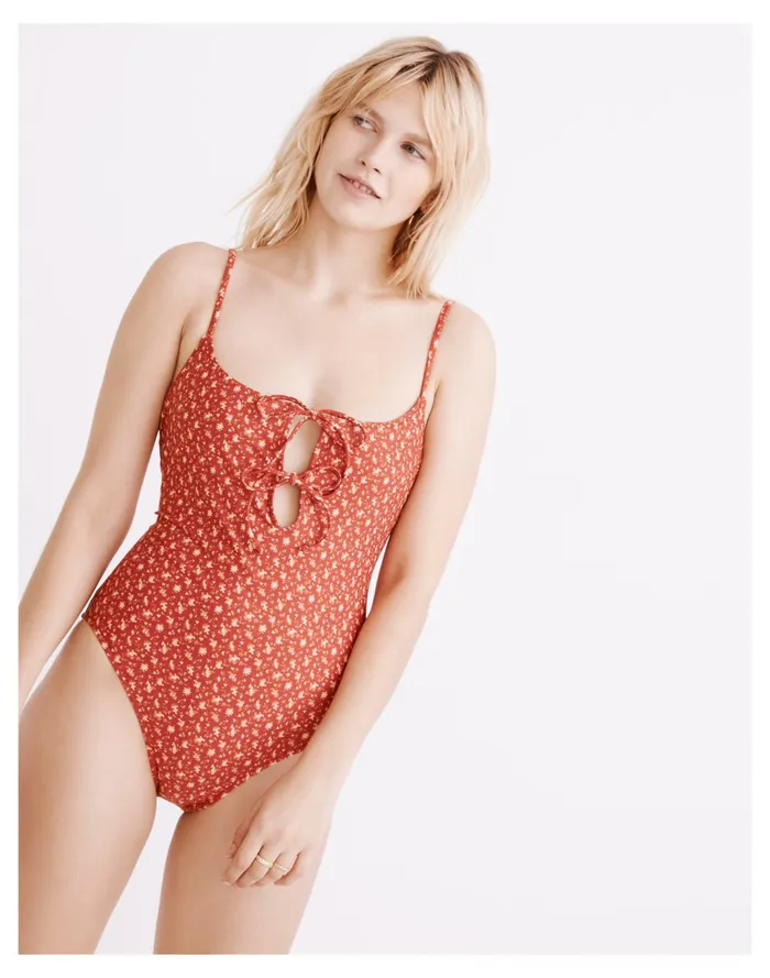 Women Second Wave Tie Front One Piece Swimsuit In Ditsy Floral Scarlet Madewell Swim