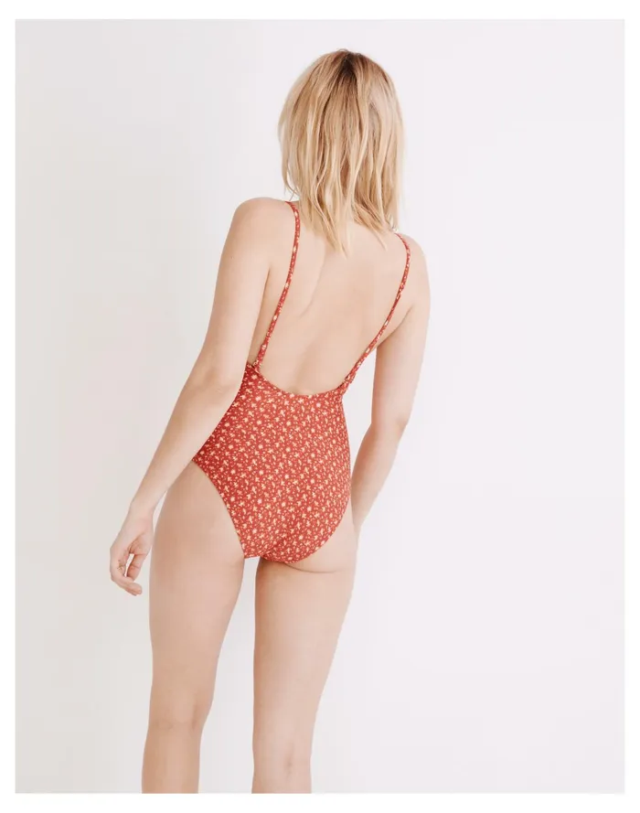Women Second Wave Tie Front One Piece Swimsuit In Ditsy Floral Scarlet Madewell Swim Women Second Wave Tie Front One Piece Swimsuit In Ditsy Floral Scarlet Madewell Swim