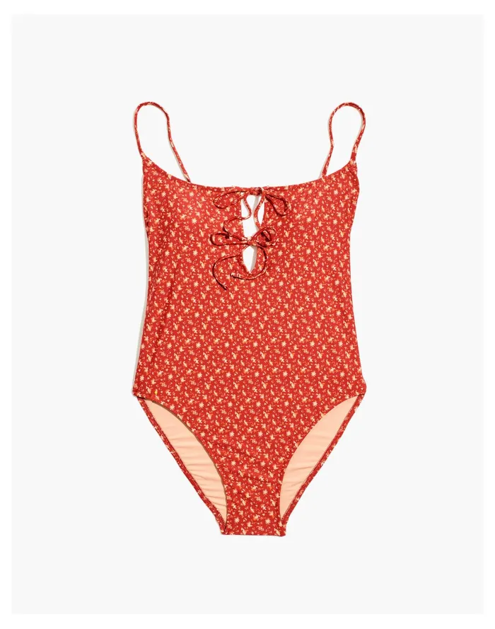Women Second Wave Tie Front One Piece Swimsuit In Ditsy Floral Scarlet Madewell Swim Women Second Wave Tie Front One Piece Swimsuit In Ditsy Floral Scarlet Madewell Swim