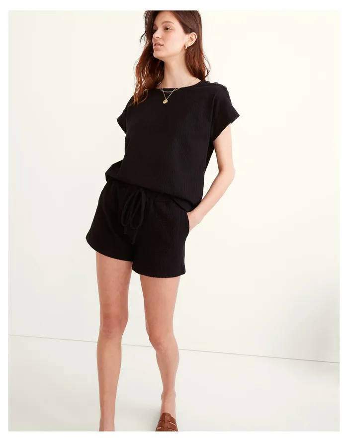 Women Seersucker Button Shoulder Top True Black Madewell Tops and Shirts