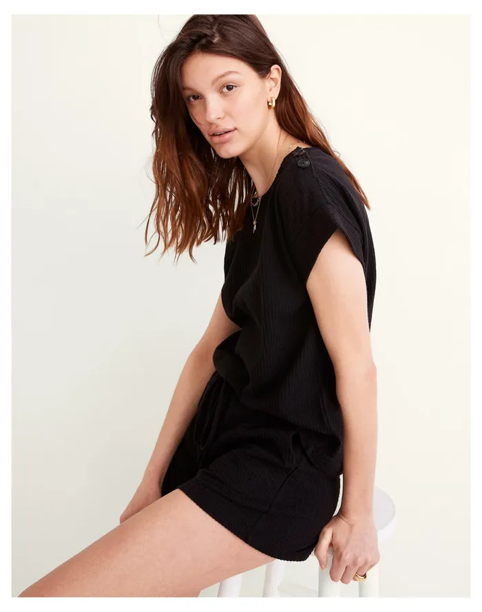 Women Seersucker Button Shoulder Top True Black Madewell Tops and Shirts Women Seersucker Button Shoulder Top True Black Madewell Tops and Shirts
