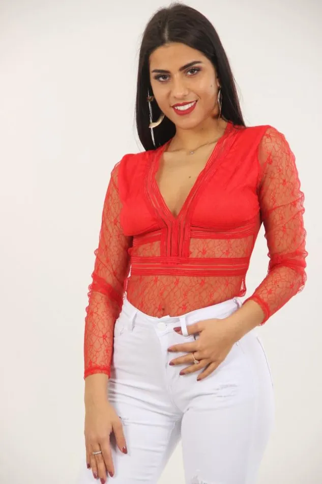 Women Sheer Lace Bodysuit Red Brentiny Paris Bodies