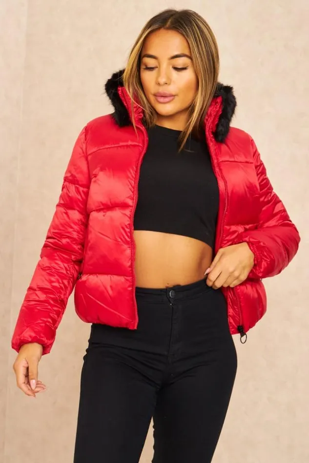 Women Short Red Puffer Jacket With Fur Collar Red Brentiny Paris Parkas And Down Jackets