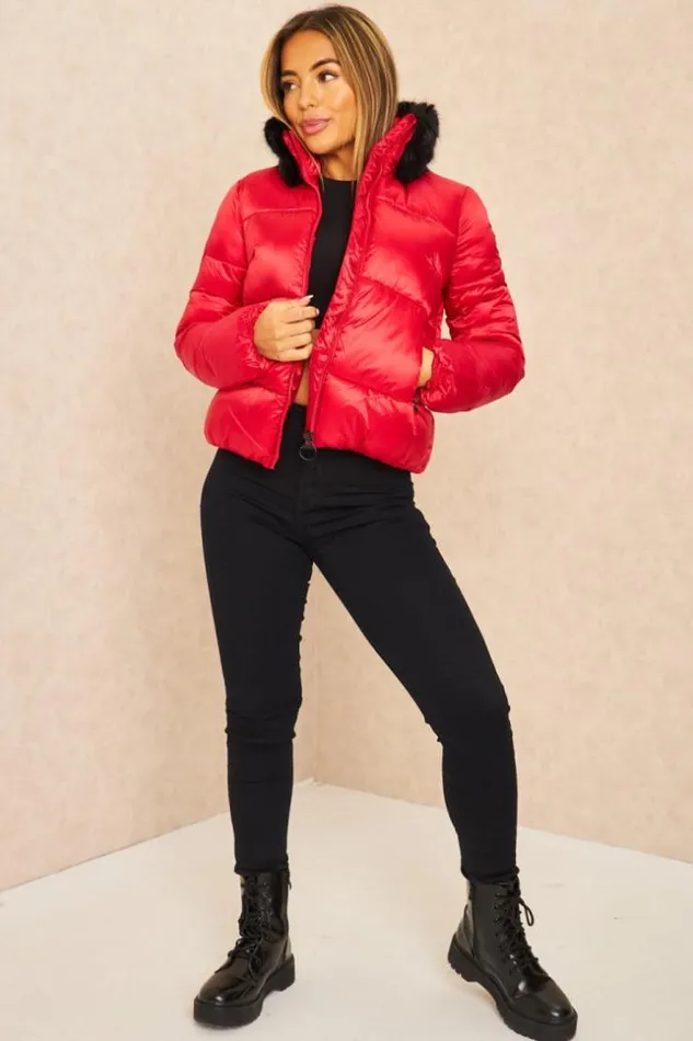 Women Short Red Puffer Jacket With Fur Collar Red Brentiny Paris Parkas And Down Jackets