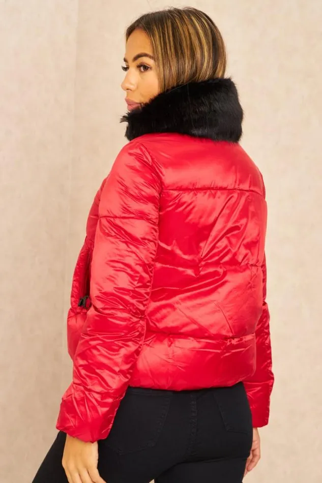 Women Short Red Puffer Jacket With Fur Collar Red Brentiny Paris Parkas And Down Jackets