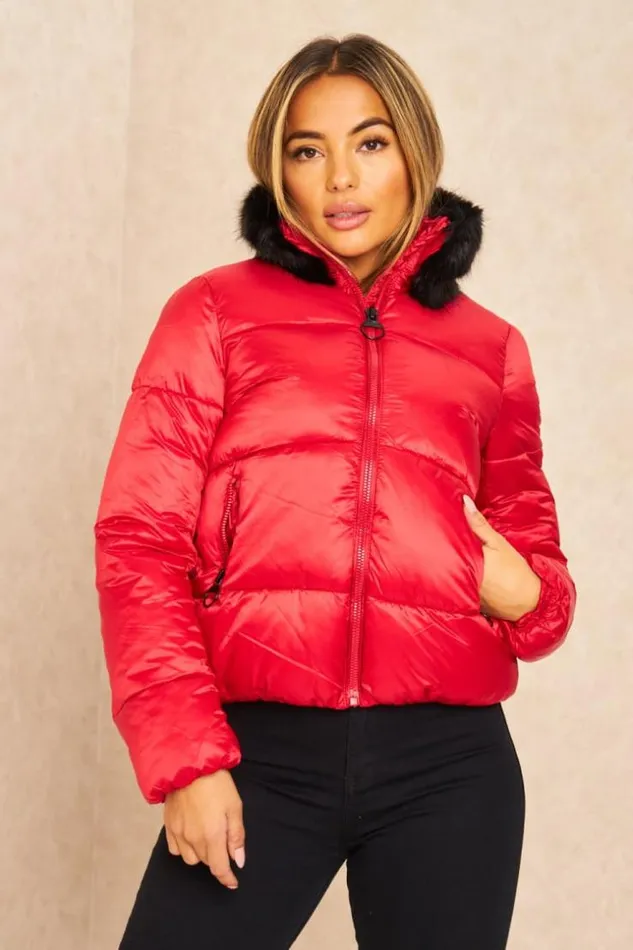 Women Short Red Puffer Jacket With Fur Collar Red Brentiny Paris Parkas And Down Jackets