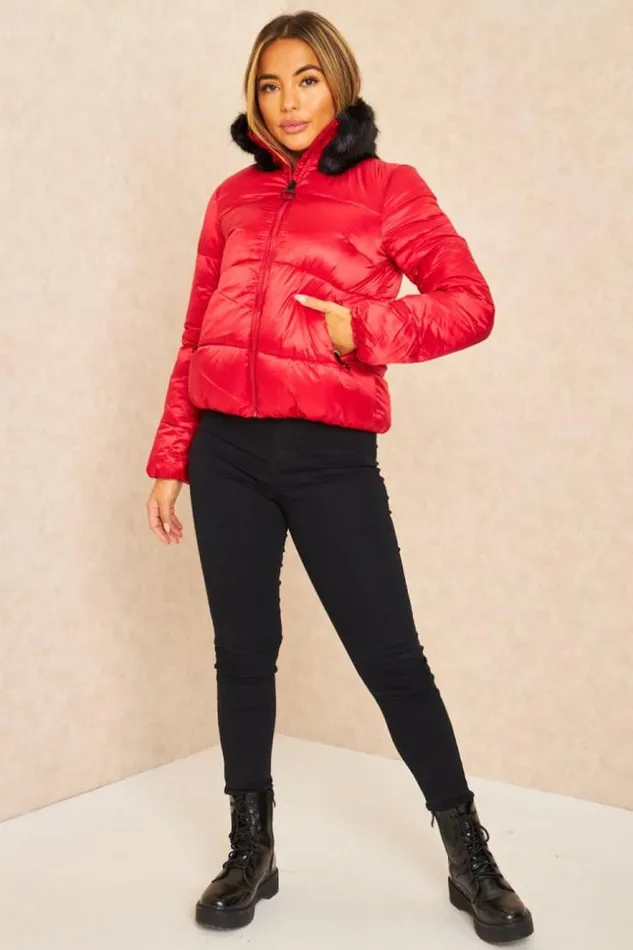 Women Short Red Puffer Jacket With Fur Collar Red Brentiny Paris Parkas And Down Jackets