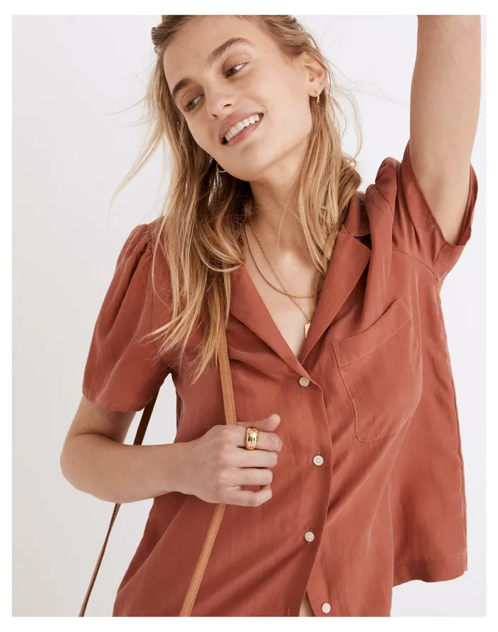Women Silk Puff Sleeve Camp Shirt Weathered Brick Madewell Tops and Shirts