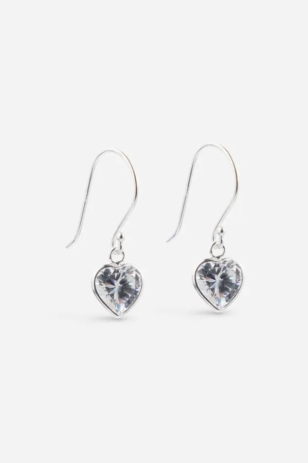 Women Silver 8mm Sterling Silver Cubic Zirconia Heart Drop Earrings Roman Jewellery