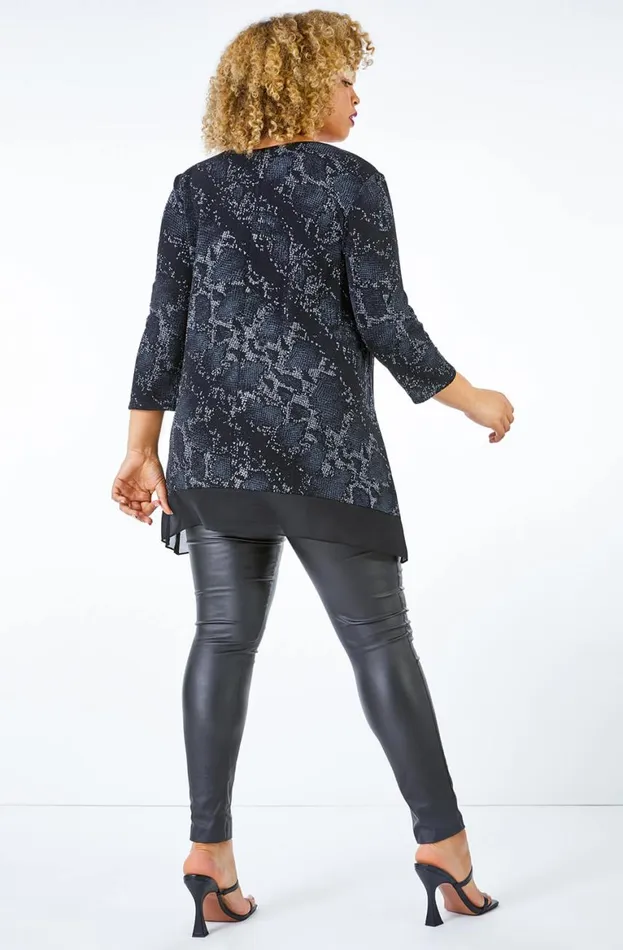 Women Silver Curve Animal Contrast Hem Top Roman Tops