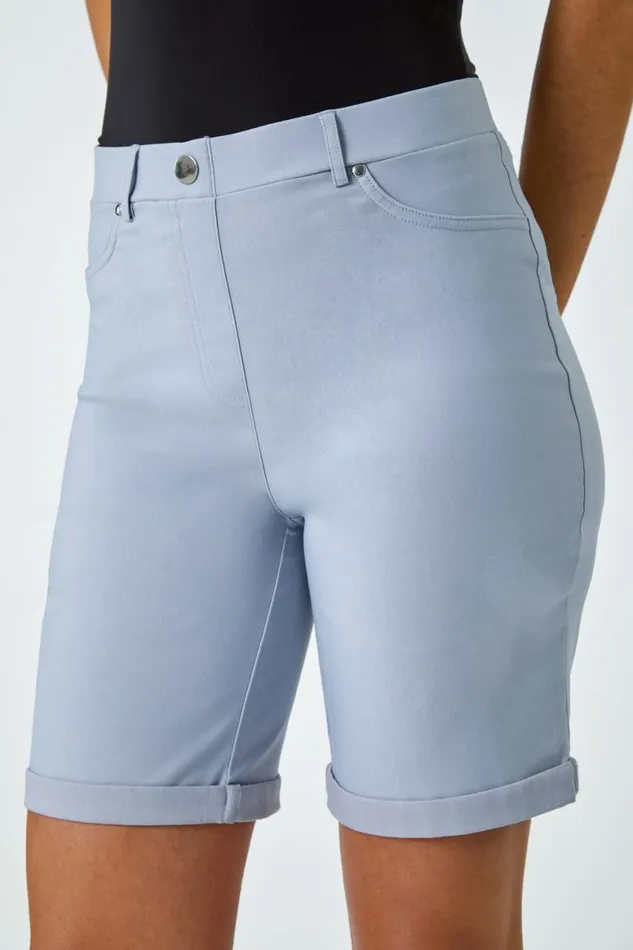 Women Silver Elastic Waist Turn Up Stretch Shorts Roman Shorts