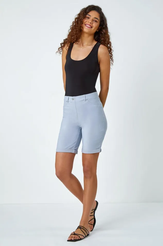 Women Silver Elastic Waist Turn Up Stretch Shorts Roman Shorts