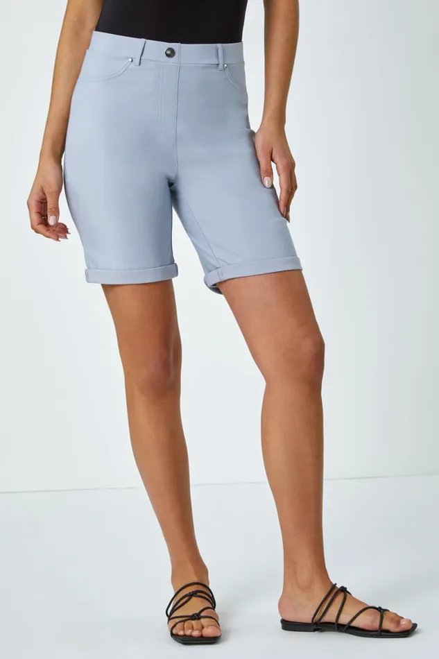 Women Silver Elastic Waist Turn Up Stretch Shorts Roman Shorts