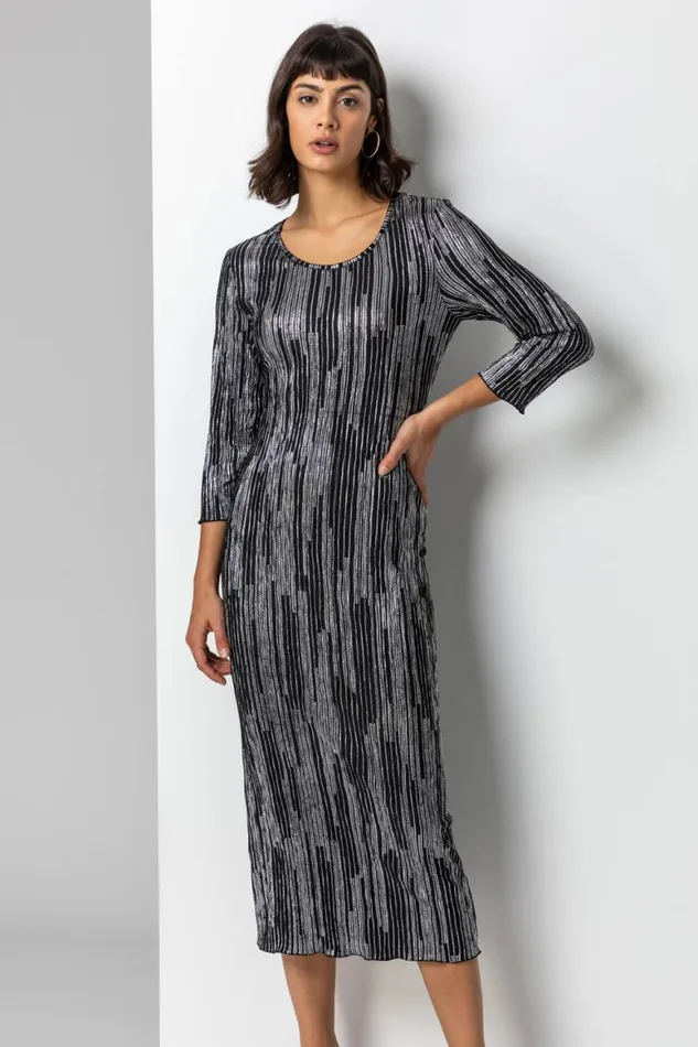 Women Silver Foil Stripe Print Chiffon Plisse Midi Dress Roman Dresses