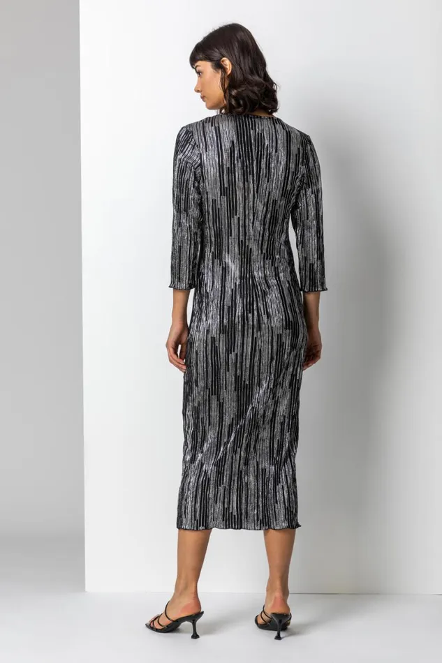 Women Silver Foil Stripe Print Chiffon Plisse Midi Dress Roman Dresses