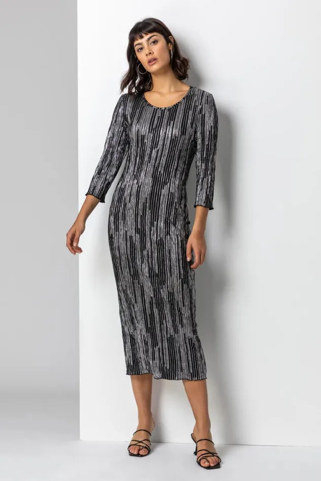 Women Silver Foil Stripe Print Chiffon Plisse Midi Dress Roman Dresses