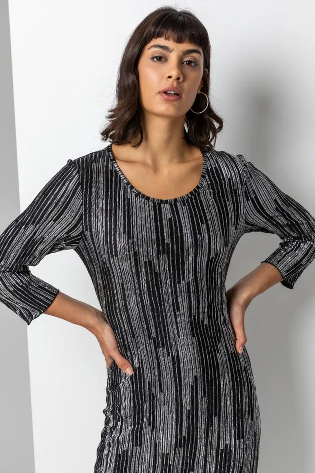 Women Silver Foil Stripe Print Chiffon Plisse Midi Dress Roman Dresses