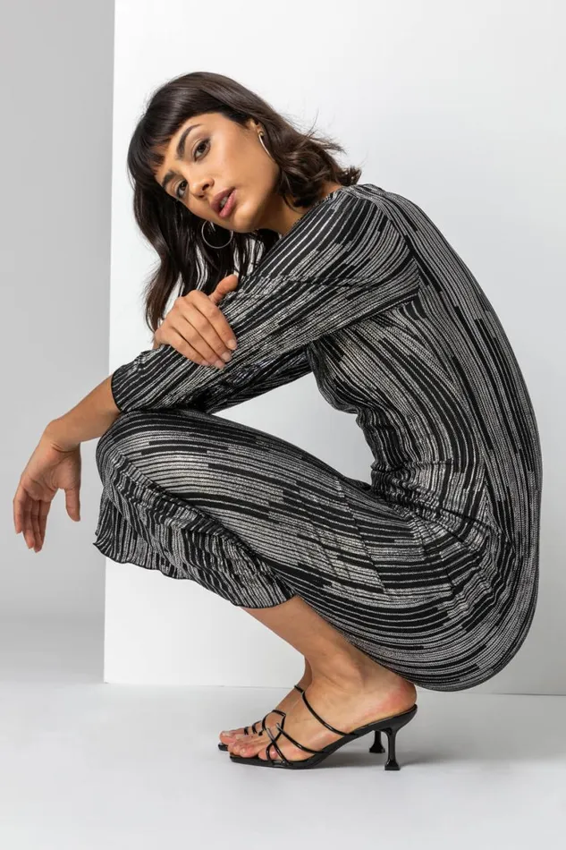 Women Silver Foil Stripe Print Chiffon Plisse Midi Dress Roman Dresses