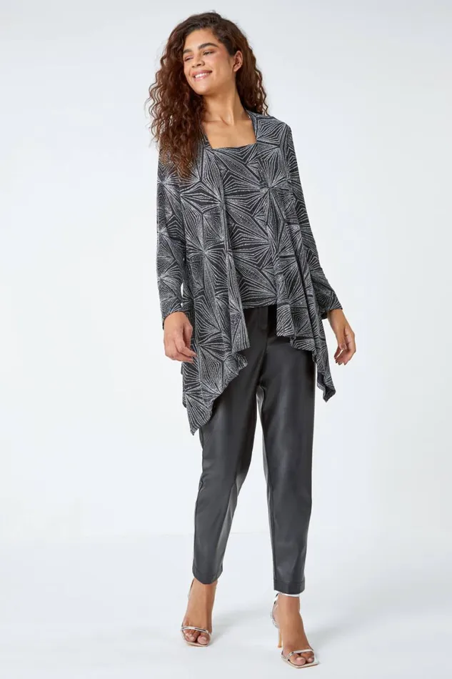 Women Silver Geometric Sparkle Embellished Kimono Roman Tops