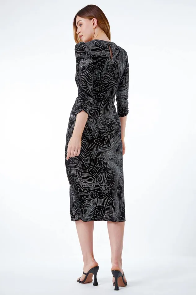 Women Silver Glitter Marble Print Ruched Velvet Dress Roman Dresses