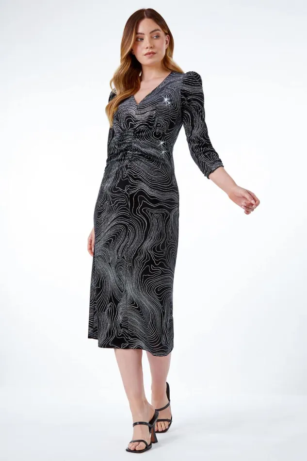 Women Silver Glitter Marble Print Ruched Velvet Dress Roman Dresses