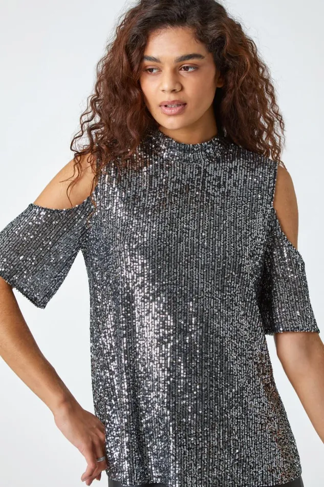 Women Silver Sequin Cold Shoulder Stretch Top Roman Tops