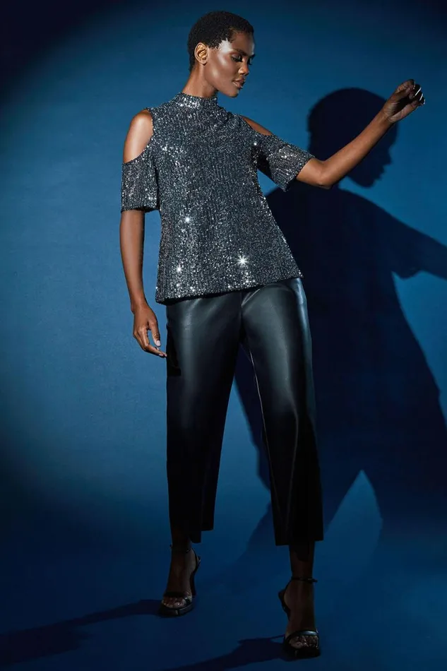 Women Silver Sequin Cold Shoulder Stretch Top Roman Tops