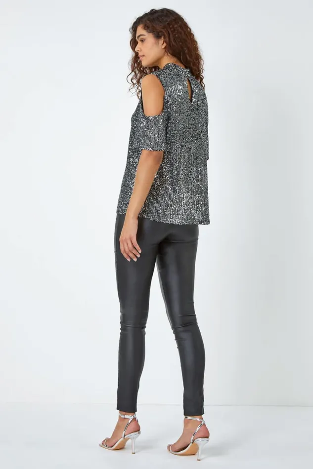 Women Silver Sequin Cold Shoulder Stretch Top Roman Tops