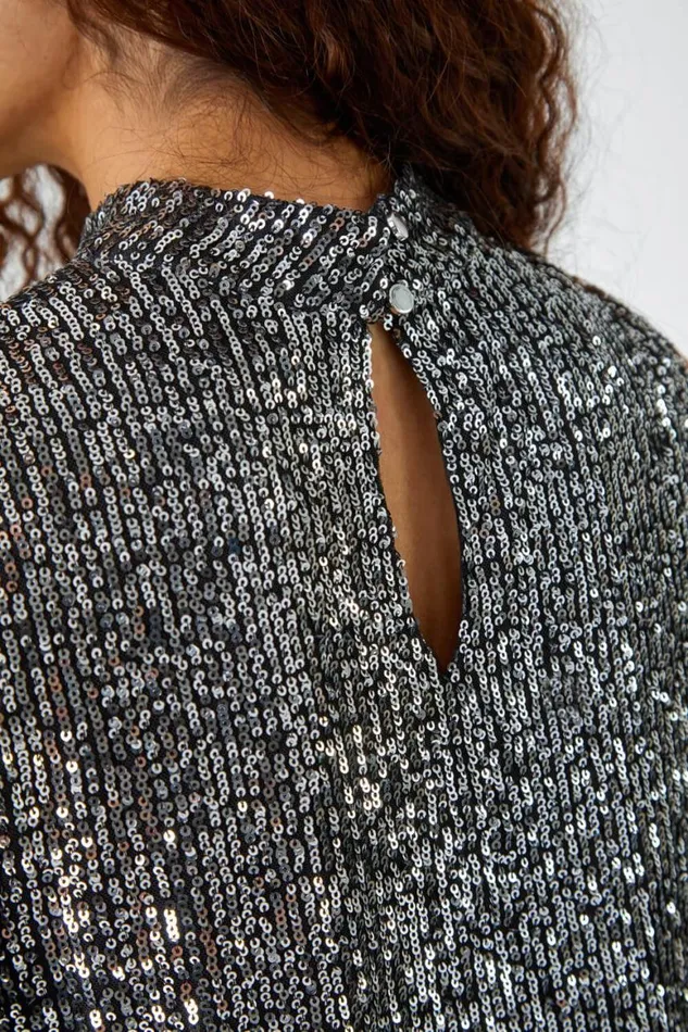 Women Silver Sequin Cold Shoulder Stretch Top Roman Tops