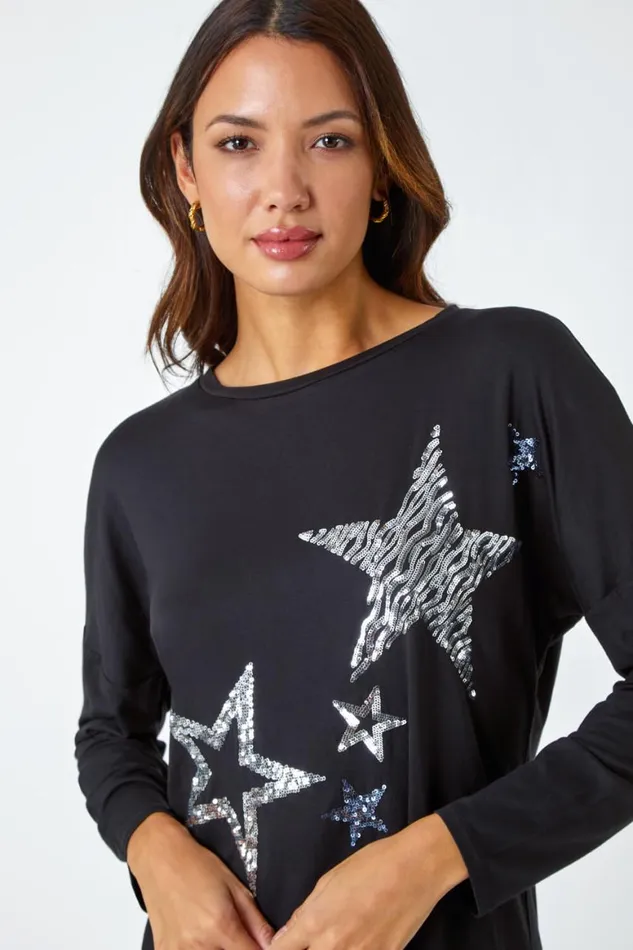 Women Silver Sequin Star Print Tunic Stretch Top Roman Tops