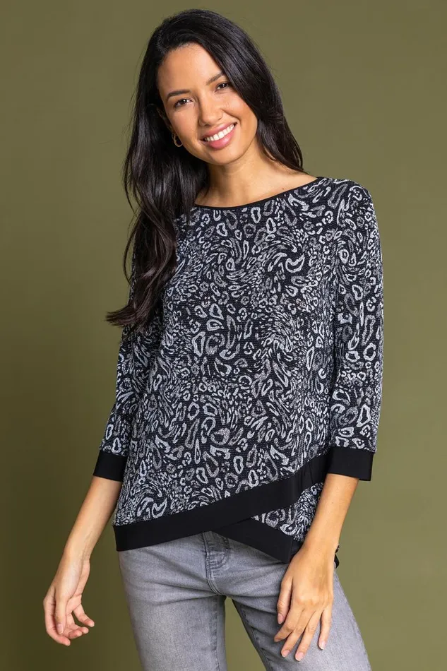 Women Silver Shimmer Animal Print Asymmetric Top Roman Tops