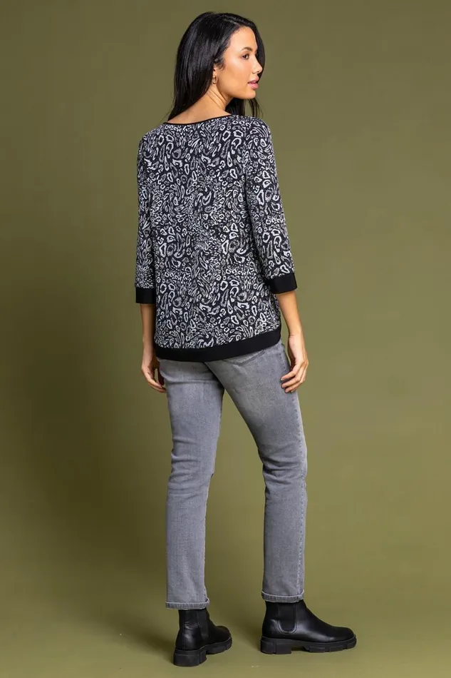 Women Silver Shimmer Animal Print Asymmetric Top Roman Tops