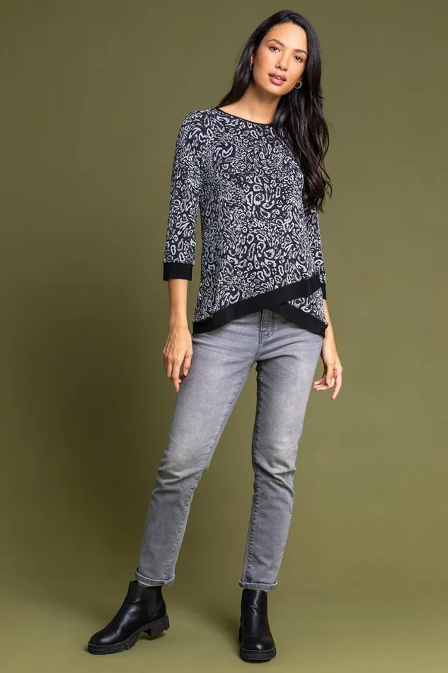 Women Silver Shimmer Animal Print Asymmetric Top Roman Tops