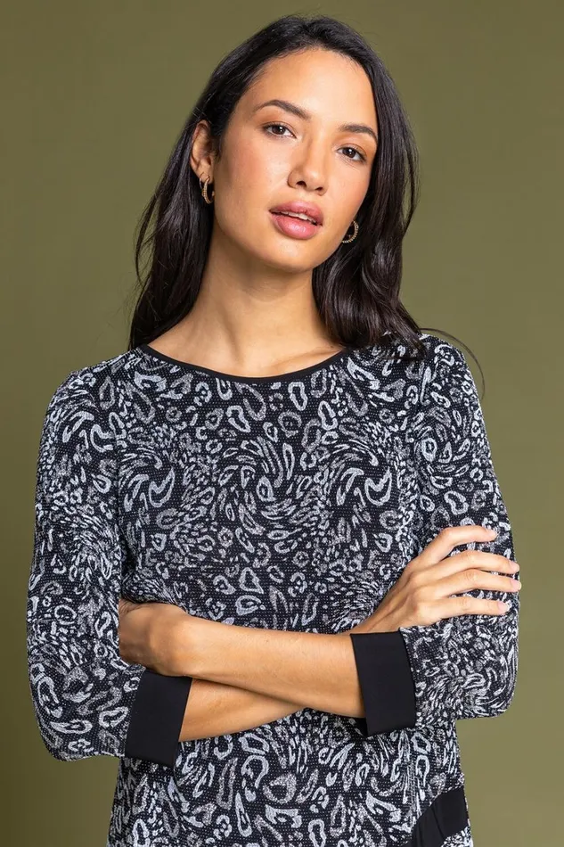 Women Silver Shimmer Animal Print Asymmetric Top Roman Tops