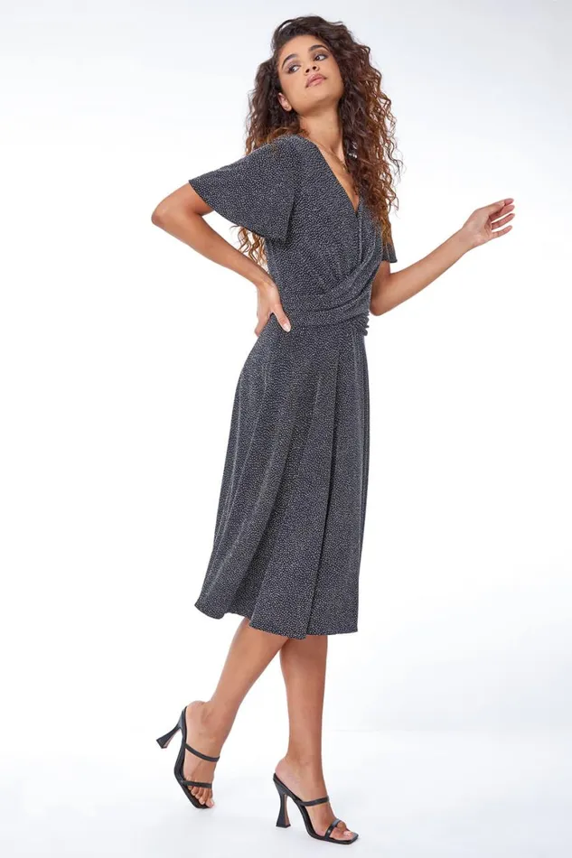 Women Silver Shimmer Ruched Skater Stretch Dress Roman Dresses