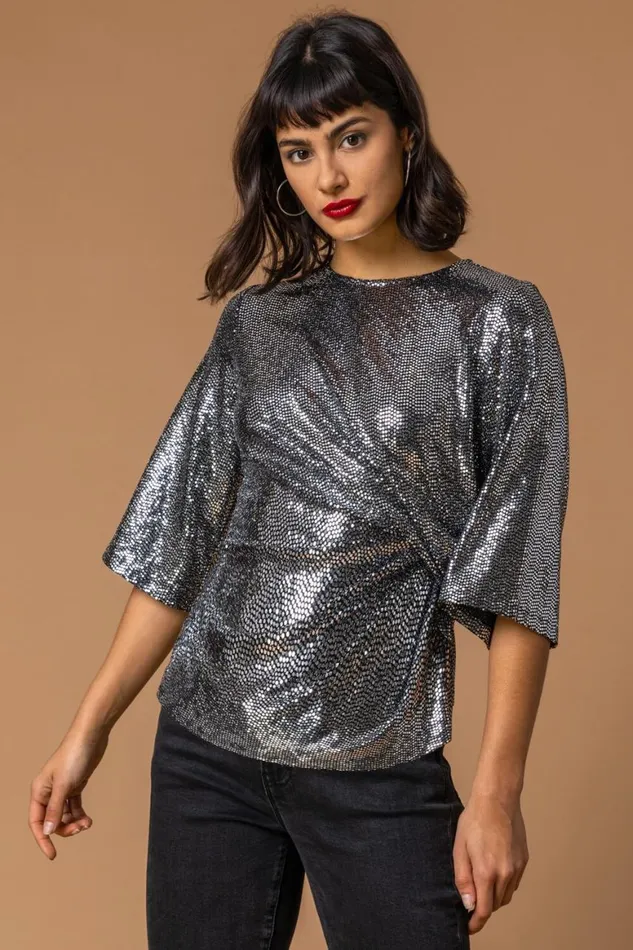 Women Silver Shimmer Twist Waist Top Roman Tops