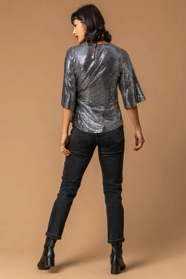 Women Silver Shimmer Twist Waist Top Roman Tops