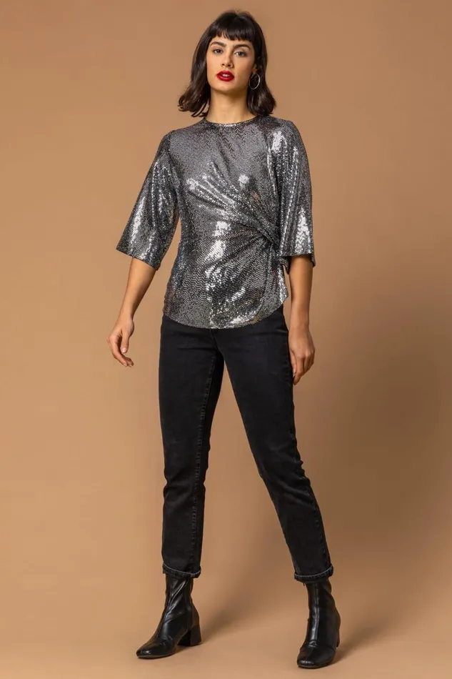 Women Silver Shimmer Twist Waist Top Roman Tops