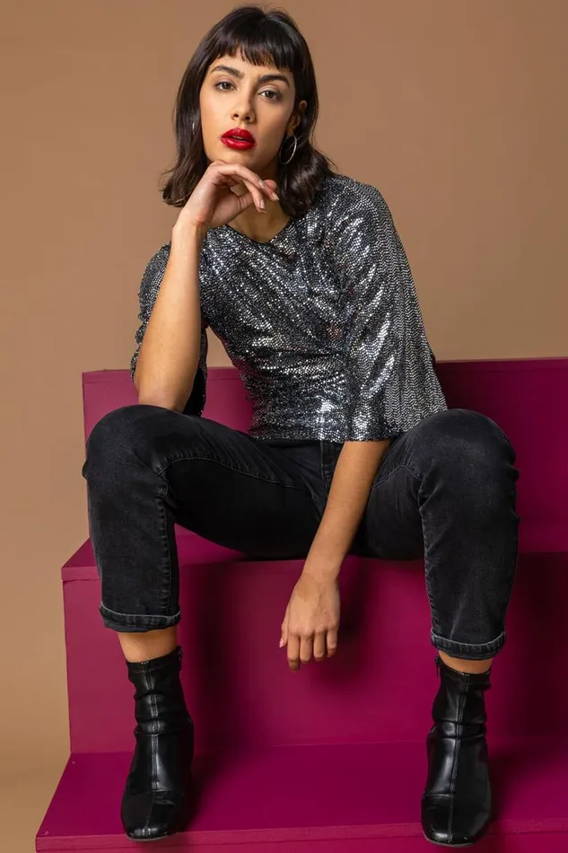 Women Silver Shimmer Twist Waist Top Roman Tops